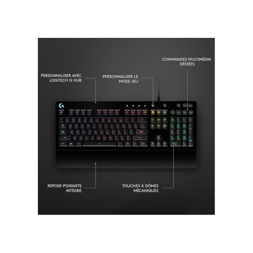 Logitech G213 Prodigy, Clavier Gamer, Eclairage RGB LIGHTSYNC, Résistant aux Éclaboussures, Personnalisable, Commandes Multimédia Dédiées, Français AZERTY - Noir