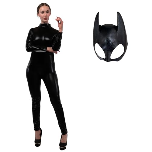 Carnavalife Disfraz Cat-woman Mujer, Costume Gato Gata Sexy Mono Ajustado+Mascara Catwoman, Disfraz Superheroina Dark Night Niño y Adulto (S, Modelo A Mono Brillo Adulto)