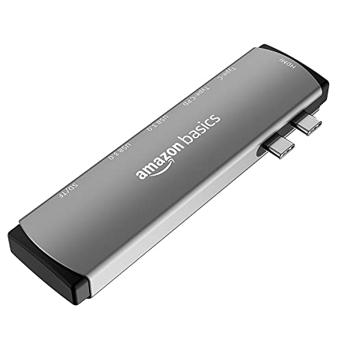 Image of amazon basics 7-in-2 USB-C Hub Adapter with Thunderbolt 3 USB-C Port (100W Power Delivery), 4K HDMI Port, USB-C and USB A 3.0 Data Ports, SD and microSD Card Reader for MacBook (Grey)