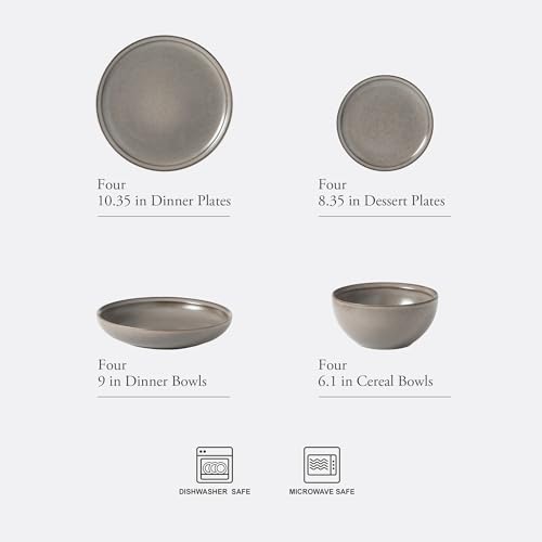 Image of Gibson Elite Beckett Stoneware Matte Reactive Glaze 16 Piece (Service for 4) Plates and Bowls Dinnerware Set - Grey