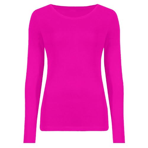 Hamishkane Ladies Long Sleeve Round Neck Plain Casual Basic Stretchy Fitted Womens T-Shirt Top Neon Pink