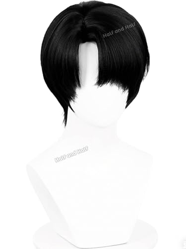 Image of Half and Half Short Black Anime A-O-T Cosplay Wig with Side Part Bangs Black Soldier Wigs Emo Costume Wigs for Halloween Party