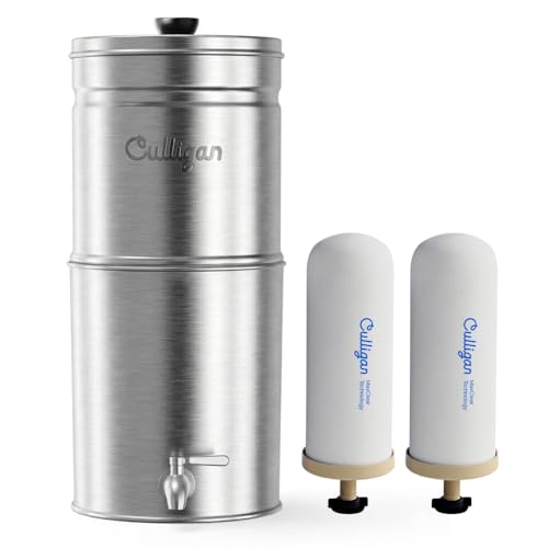 Culligan MaxClear 2.25 Gallon Gravity Water Filter System, Brushed Stainless-Steel Countertop Water Filter NSF/ANSI Certified to Reduce Microplastics, Lead & Total PFAS, with 2 Ceramic Filters