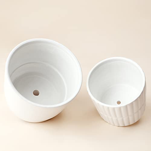 La Jolie Muse Ceramic Flower Pots Indoor Plant Pot Set Of 2, 6.5 Inch Small Ring Home Decor Gift Plants Planter, Bright White #TOP4