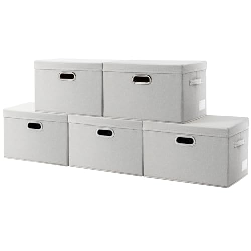 Image of PRANDOM Large Collapsible Storage Containers with Lids [5-Pack] Fabric Foldable Storage Bins Boxes Organizer Baskets Cube with Cover for Home Bedroom Closet Office Beige(17.3x11.8x11.8)