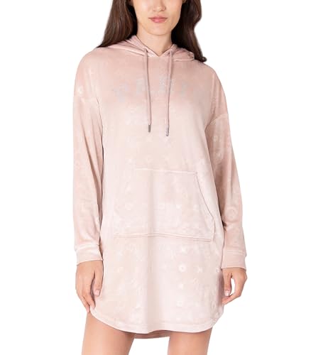Paris Hilton Velour Hoodie Shirttail Hem Rhinestone Graphic Nightshirt, Rose PARIS, S