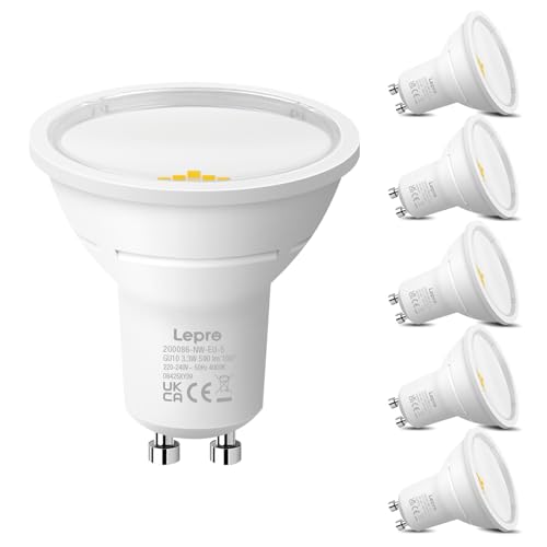 Lepro Energieklasse A GU10 LED Neutralweiß Lampe, 3.3W 4000K 590lm, Nicht Dimmbar Leuchtmittel, Energiesparendes GU 10 LED Spot, 100° Abstrahlwinkel für Küche, Badezimmer, Arbeitsfläche, 5 S
