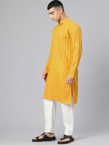 Image of Majestic Man Men's Pure Cotton Textured Check Mandarin Collar Long Kurta