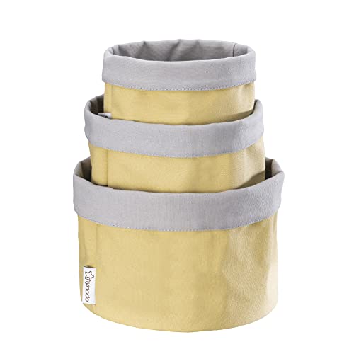 myHodo Juego de 3 Paneras de Pan de Tela (Varios Tamaños) 100% Algodón, Cesta de Mesa, Organizador Versátil para Baño, Cocina y Cambiador, Almacenamiento de Pan y Frutas, Diseño 2-en-1 (Amarillo)