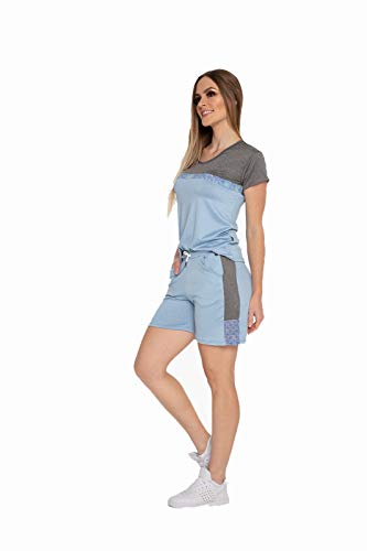 Conjunto Blusa e Shorts Feminino Confort Malha Modal Azul com Cinza com detalhe Renda Primavera/Verã