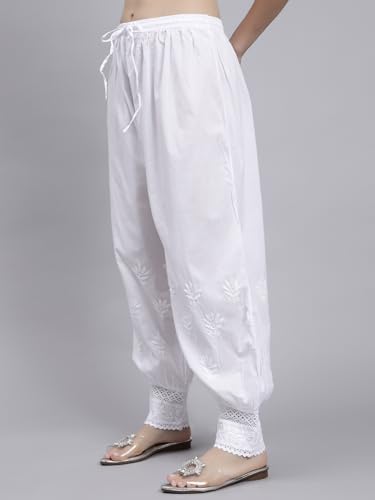 Image of Seva Chikan Hand Embroidered Lucknowi Chikankari White Cotton Afghani Salwar for Women SCL11030
