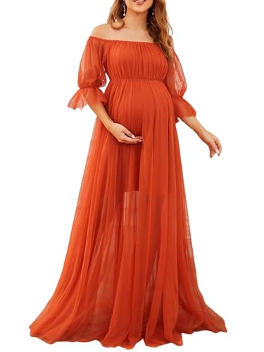 Fiacafyo Vestido largo de maternidad de manga larga con hombros descubiertos para mujer, vestido de tul de manga corta, vestido de embarazo para sesión de fotos, baby shower, A-naranja rojo, S