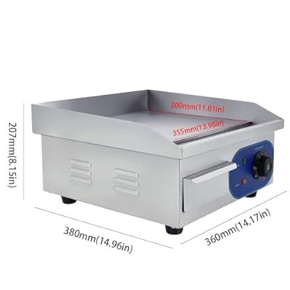 TAIMIKO Elektrischer Grill, Edelstahl, Tischgrill, professionell, 220 – 240 V, 1500 W, Grillplatte aus Eisen, glatte Oberfläche, Spritzschutz (35,5 x 30 cm) – Bild 7