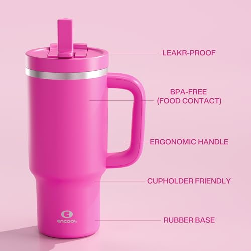 Image of ENCOOL 32 oz Tumbler with Handle and Straw: Stainless Steel Insulated Tumbler Keeps Cold for 24 Hours, Leakproof Travel Cup Fits in Cup Holder and BPA-Free,Persian Rose