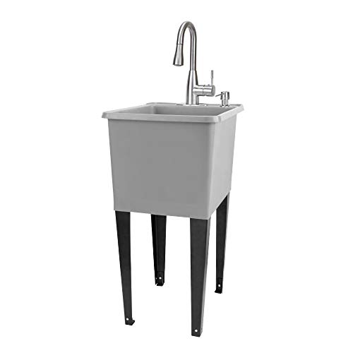 Image of Grey Space Saver Utility Sink by JS Jackson Supplies, Freestanding Tehila Space Saving Laundry Tub, Stainless Pull-Down Faucet, Soap Dispenser