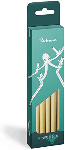 PACKAWIN |Paquete de 10 Pajitas de Bambú Reutilizable | 100% Orgánico y Biodegradable | Respetuoso Con el Medio Ambiente | Alternativa al Plástico | Cepillo de Limpieza Incluido Cover