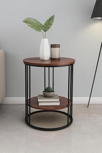 Image of Modern Double-Top Coffee Table with Rustic Farmhouse Accent, Multipurpose Living Room Bedroom, Two-Tier Small Sofa Side Bedside Table with Metal Frame Nightstand (Black Brown)
