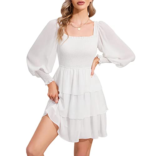 Byinns Women's Square Neck Ruffle Dress Long Sleeve Floral Print Tiered Tie Back Layered Swing Mini Dress #TOP11