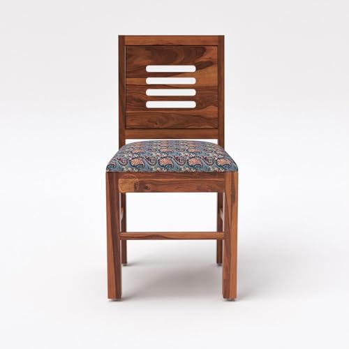 Image of VK Furniture Sheesham Solid Wood 4 Seater Dining Table Set of Four with 4 Print Cushion Chairs for Dinner Hall Kitchen Living Room Home Office Restaurant |L45 X W30 X H30|Brown