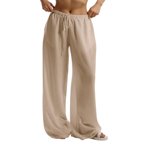 Low Rise Linen Pants Women Wide Leg Baggy Lounge Pants Casual Drawstring Elastic High Waist Boho Flowy Beach Trosuers3