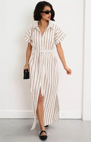 Image of chouyatou Women's Summer Short Sleeve Striped Shirt Dress Beach Maxi Long Belted Casual Button Down Dress