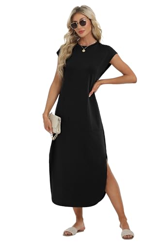 Image of HiMONE Beach Vacation Dresses for Women 2025 Sundress Cap Sleeves Casual Maxi Beach Dress with Pockets XS-2XL