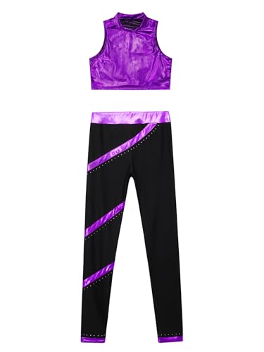 easyforever Kids Girls Sport Outfits Mock Neck Metallic Crop Top With Shiny Striped Pants Jazz Hip-hop Dance Workout Outfits Purple 6 Years3