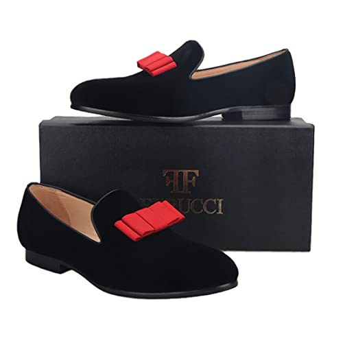 FERUCCI Men Plain Black Velvet with Red Bow Slippers Loafers Prom Wedding3