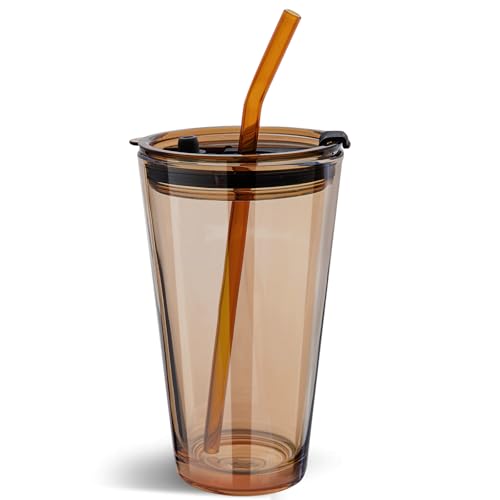 Olvini 15oz Glass Tumbler with Straw & Lid (Amber)