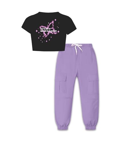 Image of Betusline Crop Tops for Girls, Butterfly Pattern Short Sleeve and Cargo Pants Outfits Multi-Pocket Elastic Waist Pull on Cargo Pants, 6-7 Years = Tag 130