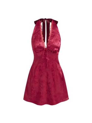 CIDER Party Dresses Floral Lace Trim Bowknot Halter Neck Mini Dress High Waist Satin Dress Sleeveless