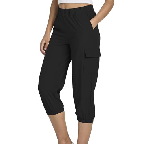 Capris Pants for Women Dressy Casual Stretchy Waist Cargo Capri Loose Foot Beam Fashion Cropped Trouser with Pocket