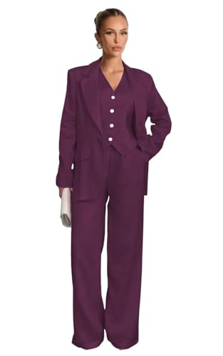 Linen Pant Suits for Women Plum 3 Piece Plus Size Womens Suit Business Casual Summer Womens Pant Suits Size 5X-Large