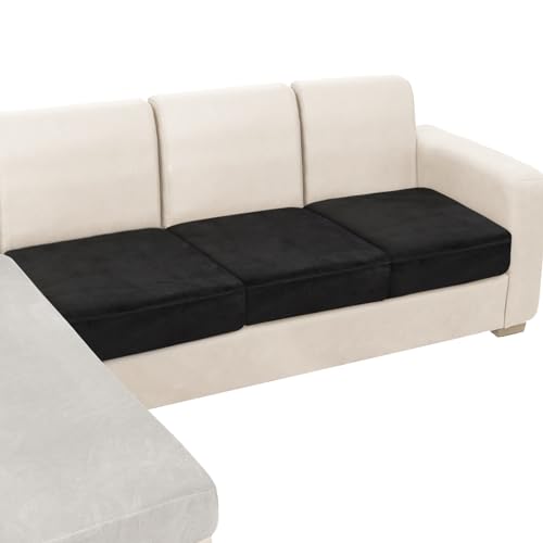 NAISI Couch Cushion Covers 3 Pieces Velvet Stretch Sofa Seat Covers or Backrest Covers Soft Individual Couch Covers for Sectional Sofa(3 Pcs for 3-Seat Cushion,Black)