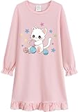 EULLA Mädchen Nachthemd Langarm Kinder Nachtkleid mit Niedlichen Katze Prints Rosa Schlafanzug Kleid Herbst Winter Baumwolle Nightdress für Mädchen Gr.134