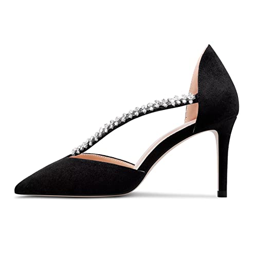 HEUIVZAR Women Mid Heel Pointed Toe Pumps Slip-on Rhinestone Crystal Wedding Prom Cute 3.2 Inches Heels2