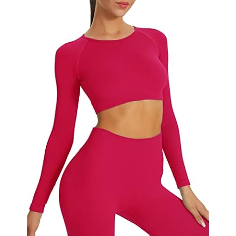 VALANDY Women's Long Sleeve Crop Tops Seamless Workout Shirts Fitted Crewneck Ribbed Basic Tight Tees, Hot Pink,ribbed Top, Small Petite Cover