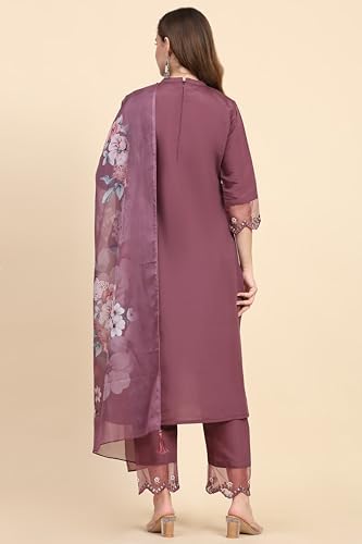 TRENDMALLS Women's Satin Silk Embroidery Salwar Suit Set Kurta Pant with Dupatta (G192-Purple-S), Small