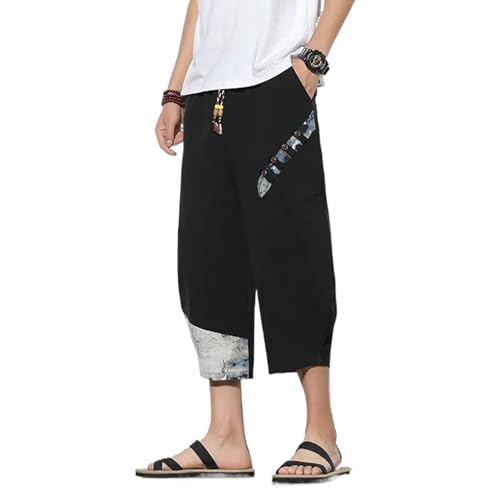 Japanese Cotton Linen Harem Pants Mens Summer Print Cropped Pants Men's Casual Elastic Waist Trousers