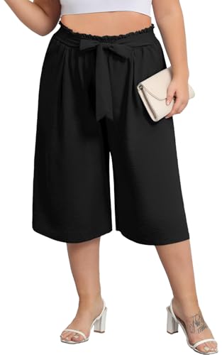 Lastshe Women's Plus Size Cropped Wide-Leg Pants Lightweight High Waisted Adjustable Tie Knot Casual Trousers Pants