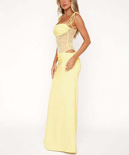Image of Women Sexy Lace Patchwork Maxi Dress Spaghetti Straps Y2K Sheer Long Bodycon Club Cocktail Long Dresses