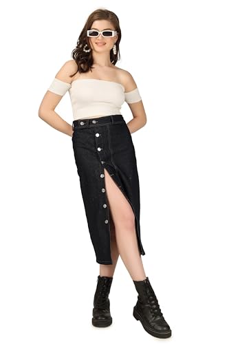 Image of Button Side Split Denim Long Straight Skirt for Women & Girls