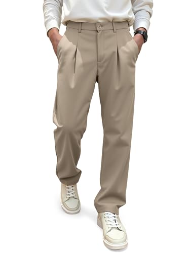 JMIERR Mens Casual Dress Pants Elastic Waist Loose Fit Straight Leg Chinos Trousers Old Money Clothes for Men, 3XL, Beige