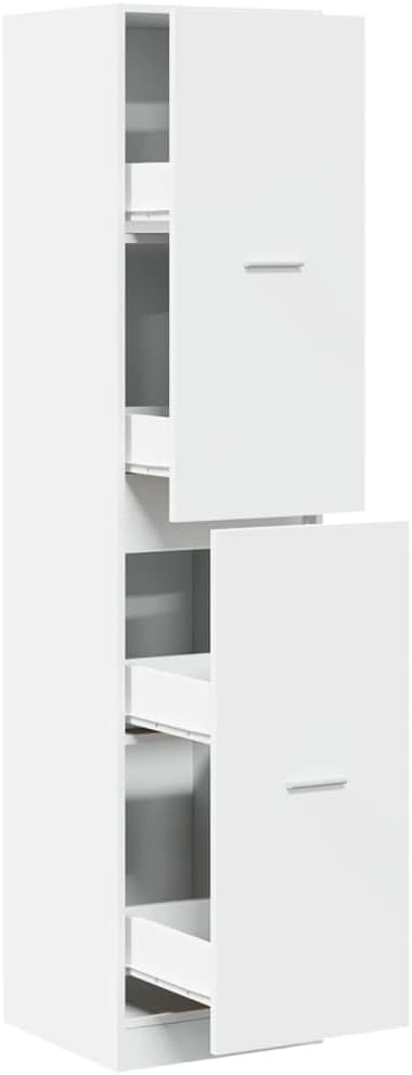 Apothecary Cabinet White Engineered Wood Medium Storage Cabinet with Four Drawers and Sliding Doors for Home Office Living Room Storage Locker