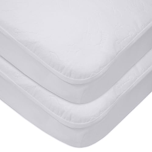 Image of American Baby Company 2 Pack Waterproof Fitted Crib and Toddler Mattress Protector, Quilted and Noiseless Crib & Toddler Mattress Pad Cover, White (Little Lamb), 52"x28"x9"
