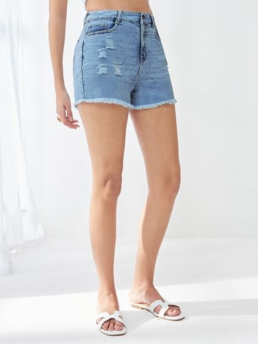 Image of Miss Chase Women's Relaxed Mid Rise Regular Non Stretchable Denim Shorts