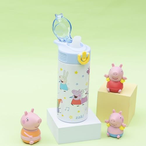 Image of Zak Designs Peppa Pig Sage Kids Water Bottle For School or Travel, 14oz Stainless Steel Water Bottle With Straw, Handle, and Leak-Proof, Pop-Up Spout Cover (Peppa & Friends)