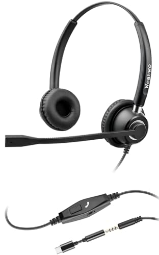 Weatwo 3.5mm Auriculares con Micrófono, Cancelación de Ruido, USB-C / 3.5mm Jack 2-en-1 PC Auriculares, Auriculares Estéreo con Control en línea para Teams, Negocios, Skype, Zoom, Oficina - Negro