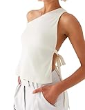 Dsewpaur Women Backless One Shoulder Top Sleeveless Open Side Back Tie Self Tank Tops Summer Casual Going Out Tops White