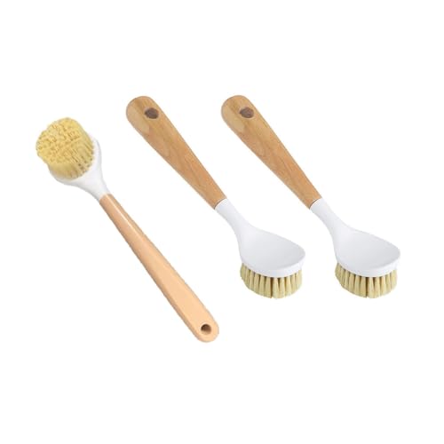 3-Pack Bamboo Dish Brush Set with Scraper and Tough Bristles